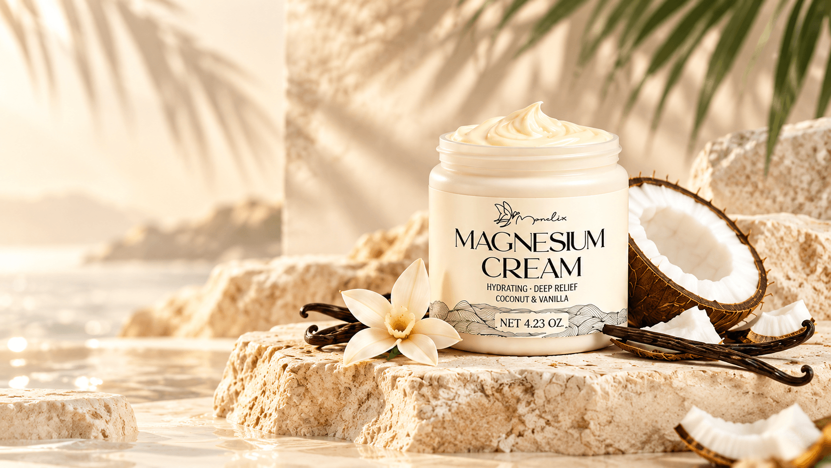 Coconut and vanilla Manelix Magnesium Cream in warm natural light
